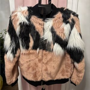 Faux Fur Colorblock Bomber Jacket - Peach Pink /Black/White plushy so soft